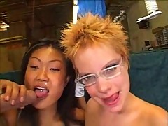 Redhead and Asian Throat Fuck